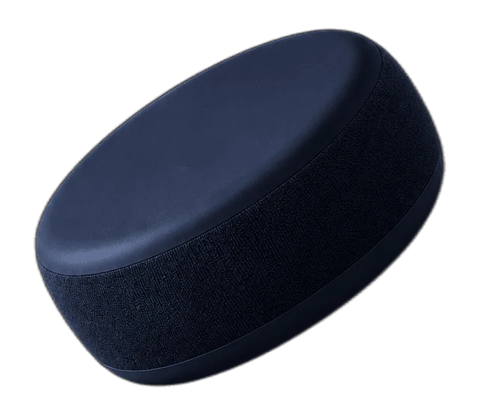 The Alora Node sensor, a soft-edged disc wrapped in dark fabric.