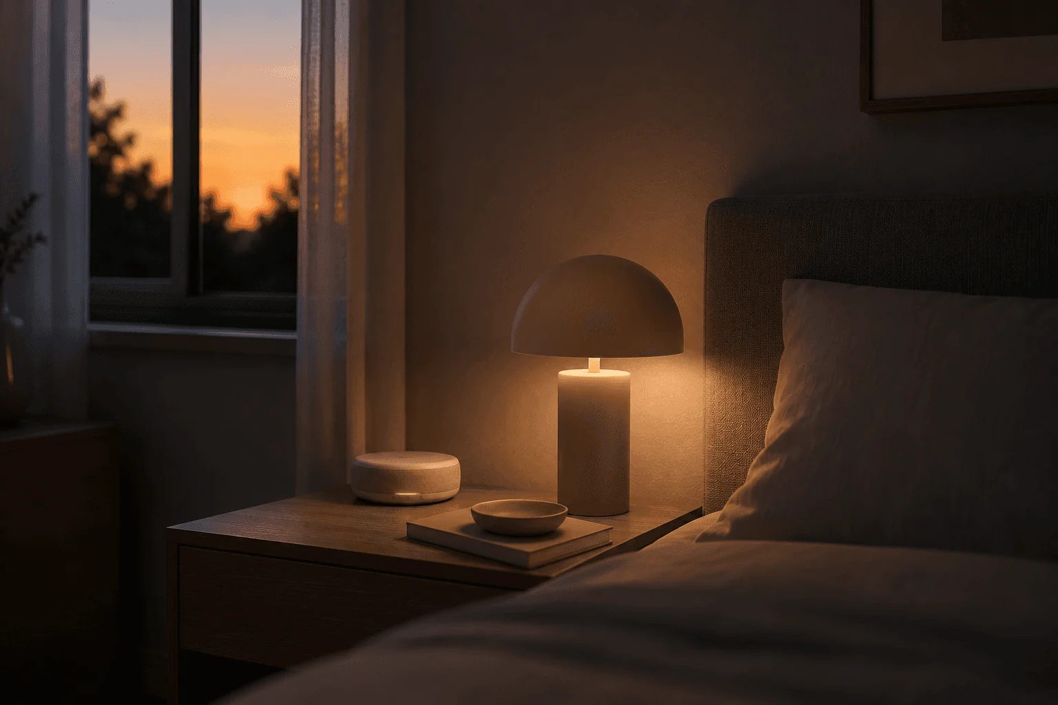 A Alora sensor on a nightstand beside a lit bedside lamp at dusk.