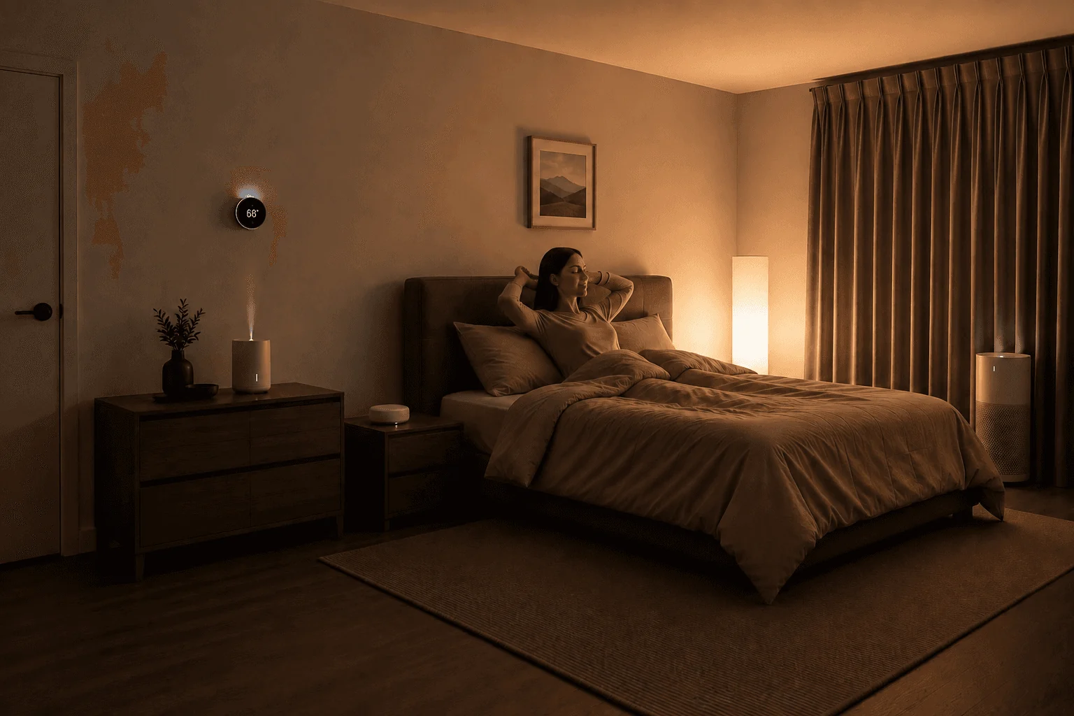 Morning light filling a bedroom as someone rests in bed.